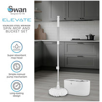 Swan Elevate Spin Mop And 5 Litre Bucket Set Stainless Steel Wringer White