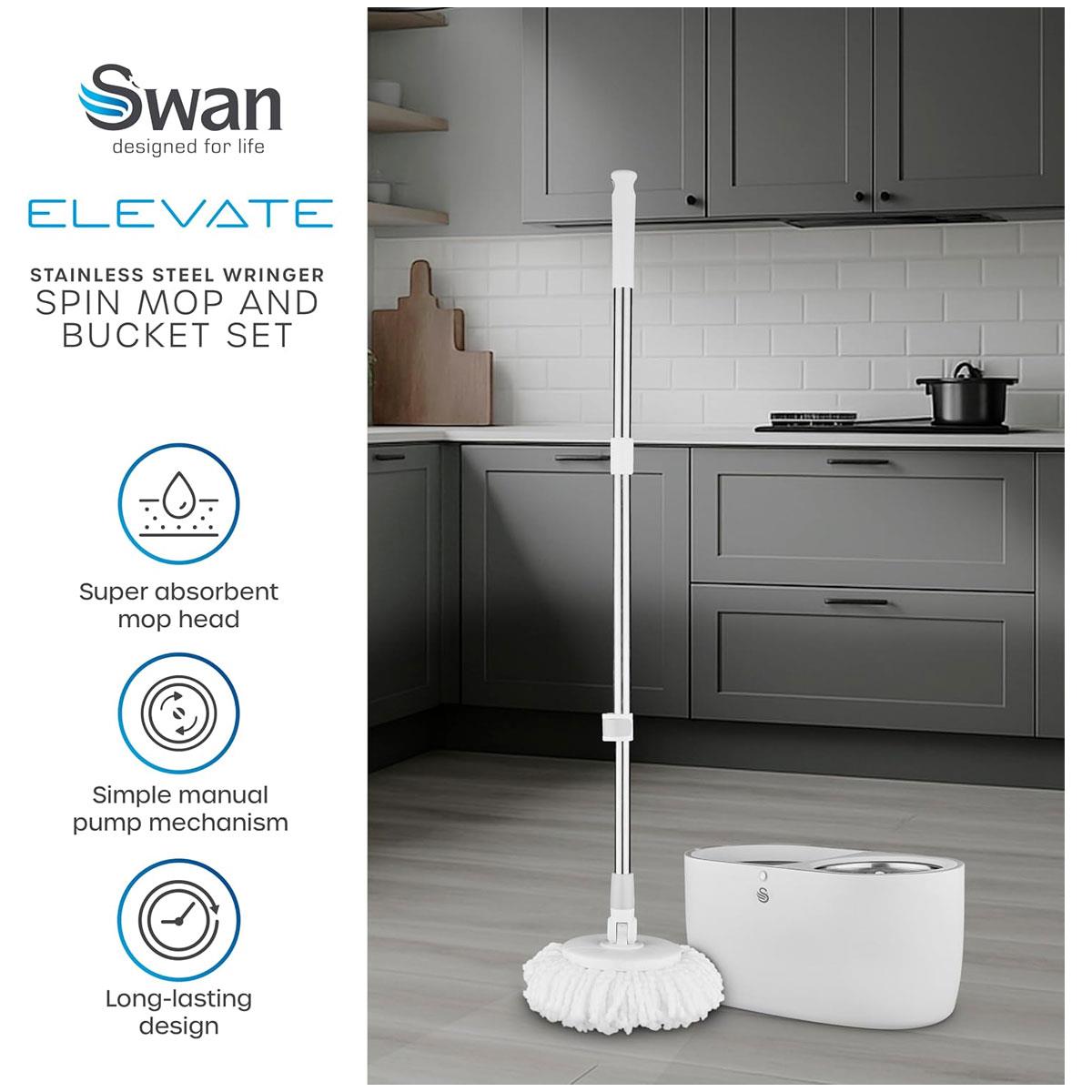 Swan Elevate Spin Mop And 5 Litre Bucket Set Stainless Steel Wringer White