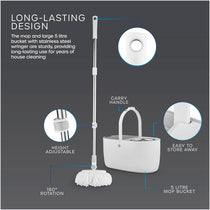 Swan Elevate Spin Mop And 5 Litre Bucket Set Stainless Steel Wringer White