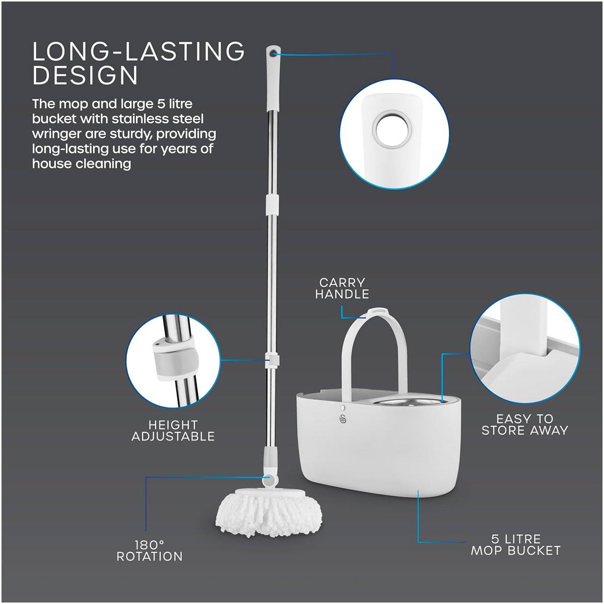 Swan Elevate Spin Mop And 5 Litre Bucket Set Stainless Steel Wringer White