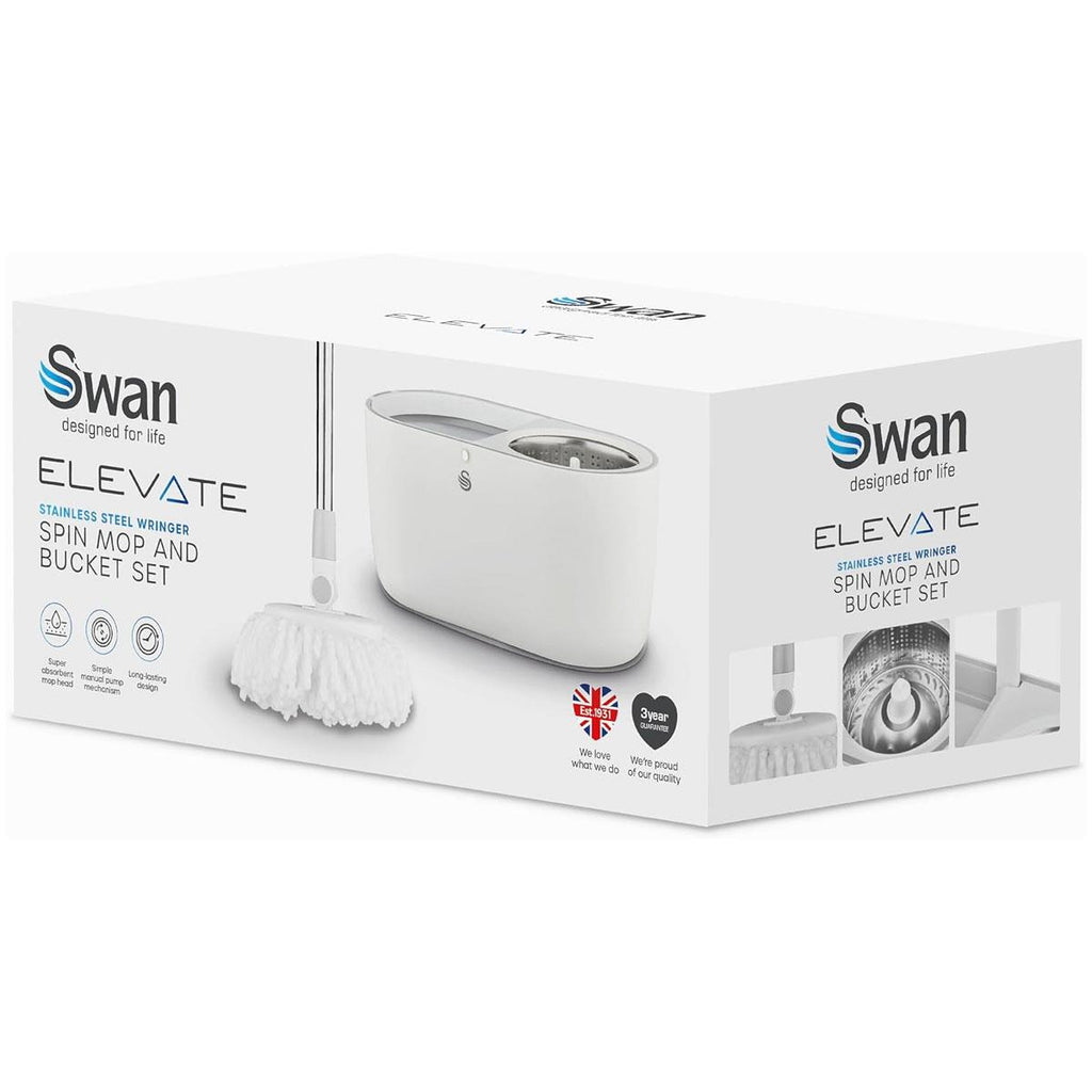 Swan Elevate Spin Mop And 5 Litre Bucket Set Stainless Steel Wringer White