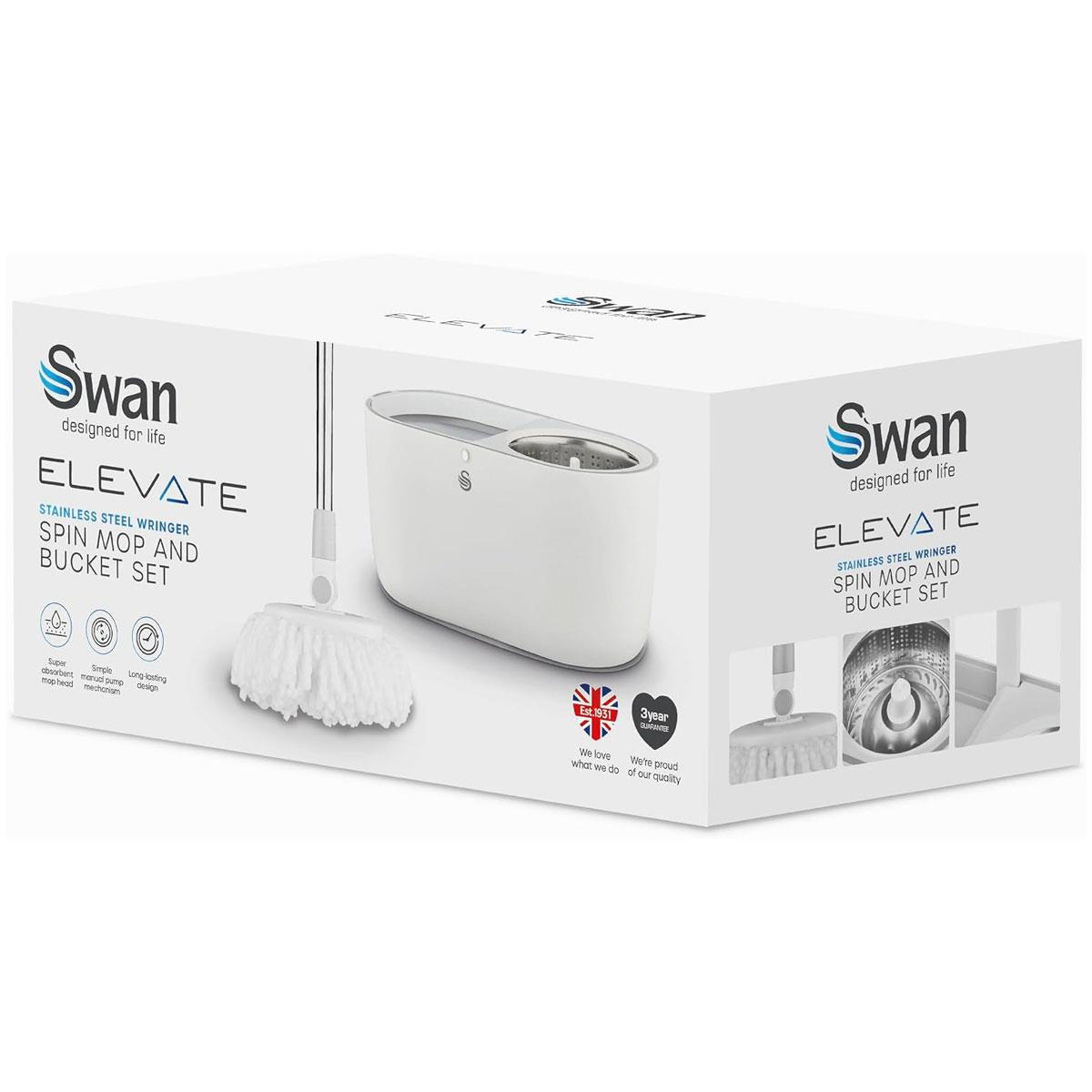 Swan Elevate Spin Mop And 5 Litre Bucket Set Stainless Steel Wringer White