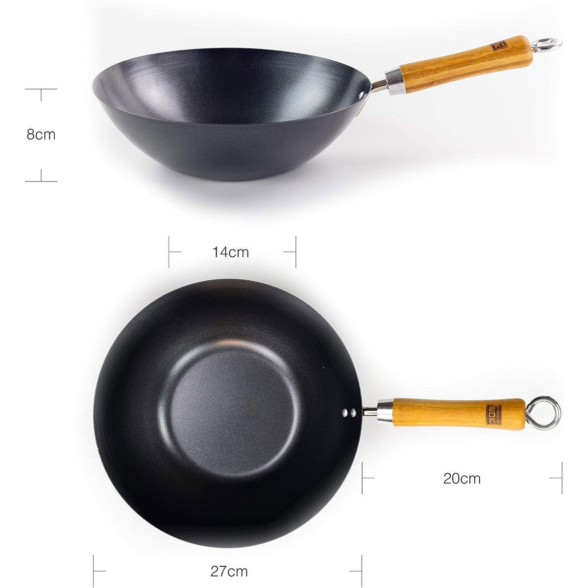 School of Wok 10.5'/27cm Non-Stick Carbon Steel Wok Flat Bottom Bamboo Handle Silver