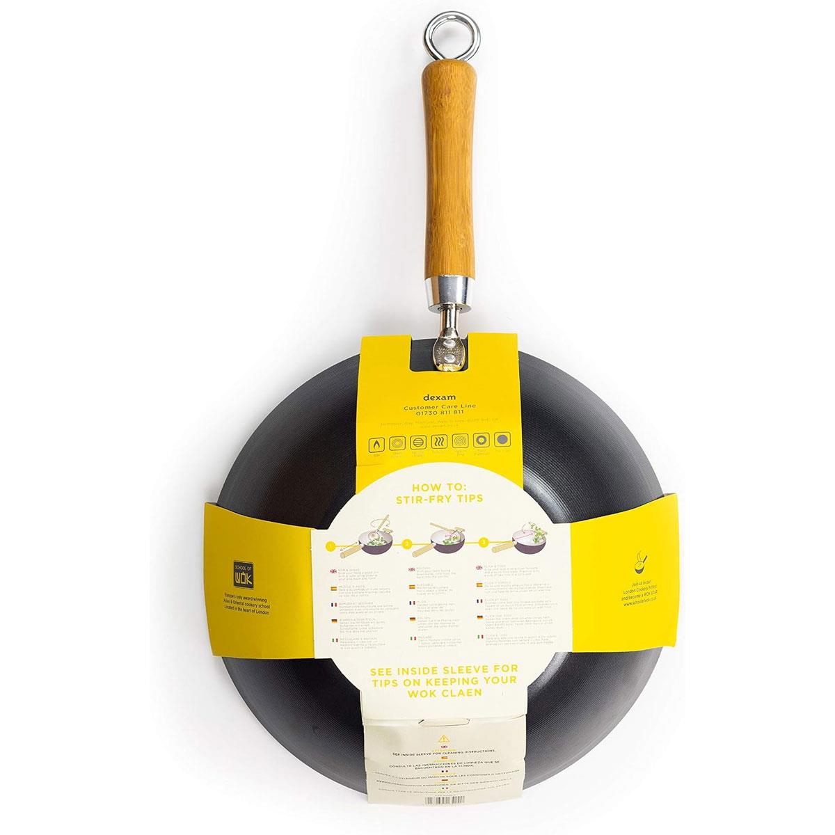 School of Wok 10.5'/27cm Non-Stick Carbon Steel Wok Flat Bottom Bamboo Handle Silver