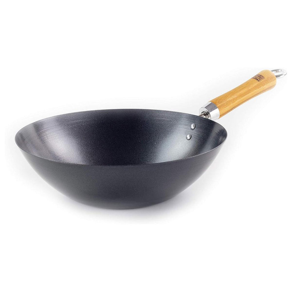 School of Wok 10.5'/27cm Non-Stick Carbon Steel Wok Flat Bottom Bamboo Handle Silver