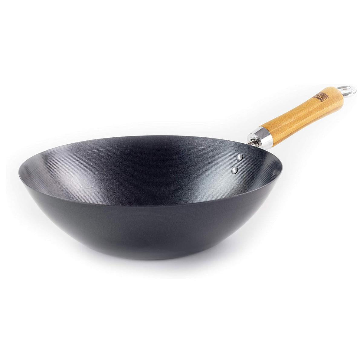 School of Wok 10.5'/27cm Non-Stick Carbon Steel Wok Flat Bottom Bamboo Handle Silver