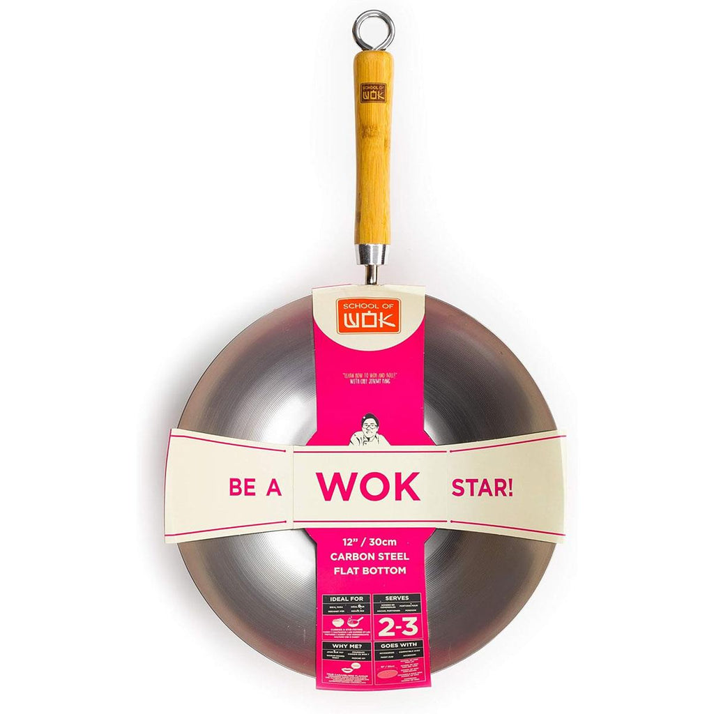 School of Wok 12'/30cm Carbon Steel Wok Flat Bottom Bamboo Handle Silver
