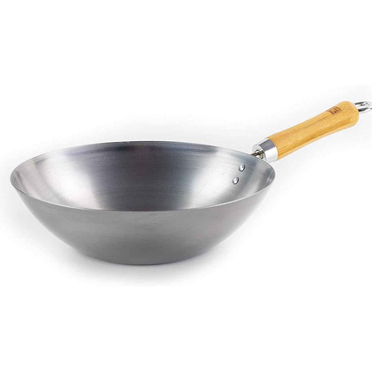 School of Wok 10.5'/27cm Carbon Steel Wok Flat Bottom Bamboo Handle Silver