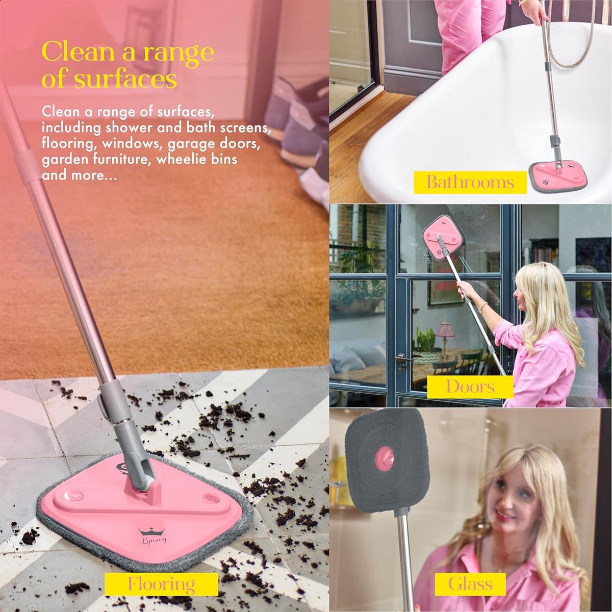 Swan x Lynsey Turbo Spin Mop 360° Rinse & Wring 2.5L Dual Tanks Microfibre Heads Pink/Grey