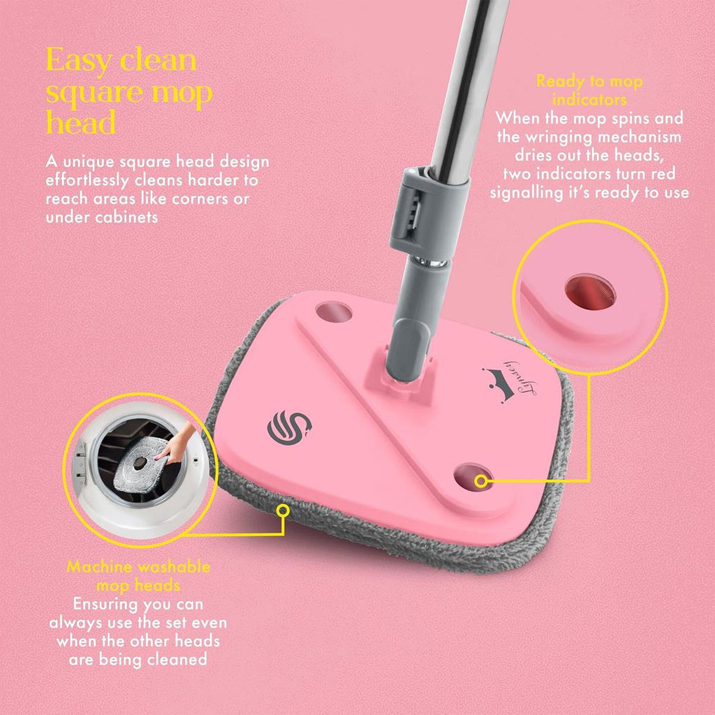 Swan x Lynsey Turbo Spin Mop 360° Rinse & Wring 2.5L Dual Tanks Microfibre Heads Pink/Grey