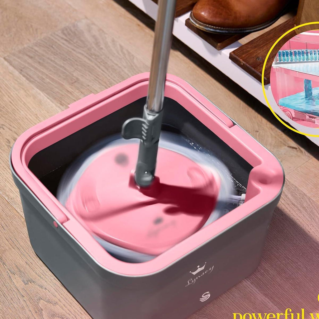 Swan x Lynsey Turbo Spin Mop 360° Rinse & Wring 2.5L Dual Tanks Microfibre Heads Pink/Grey