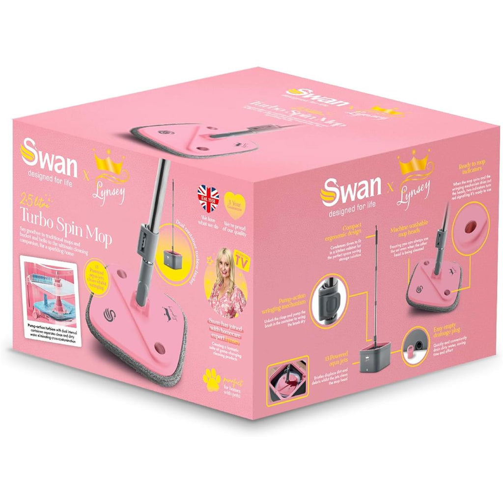 Swan x Lynsey Turbo Spin Mop 360° Rinse & Wring 2.5L Dual Tanks Microfibre Heads Pink/Grey