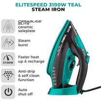 Tower Ceraglide Elite Steam Iron 3100W 265ml Water Tank Black And Teal