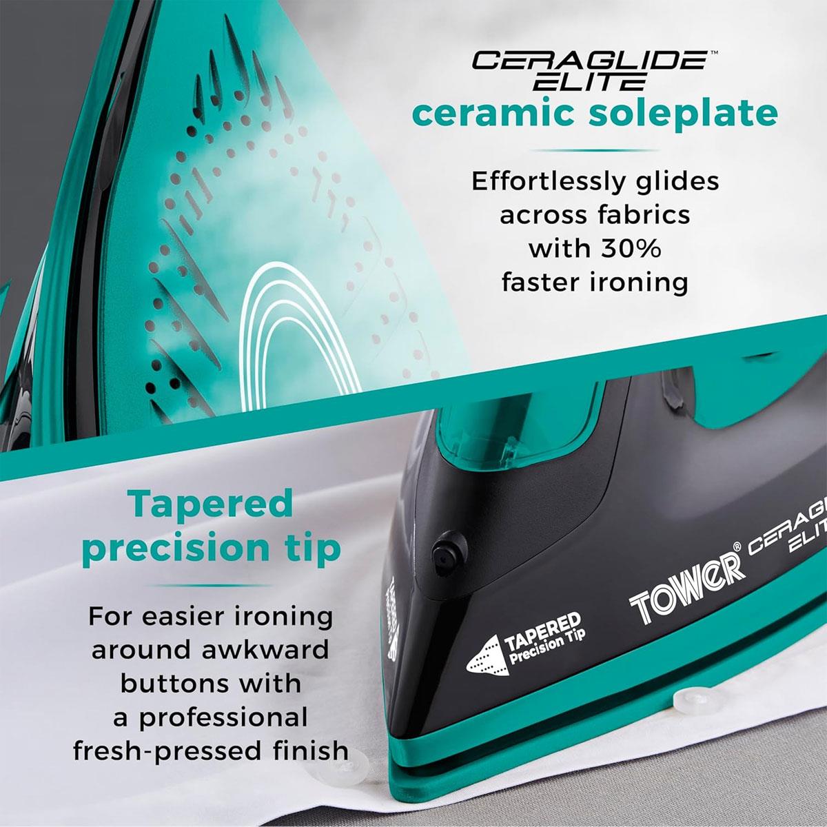 Tower Ceraglide Elite Steam Iron 3100W 265ml Water Tank Black And Teal