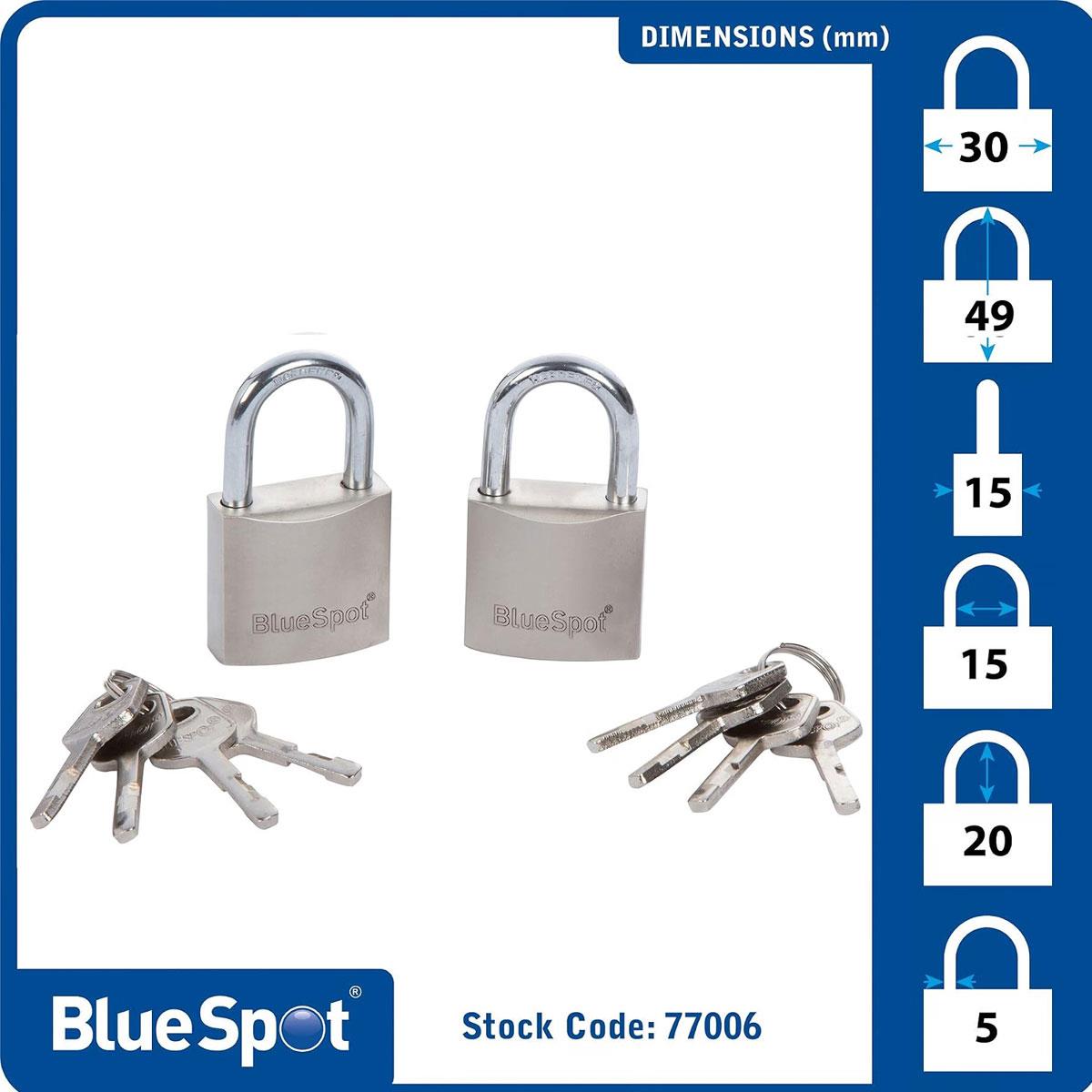 Blue Spot Tools 30mm Satin Finish Keyed Alike Padlocks With 2 x 4 Keys
