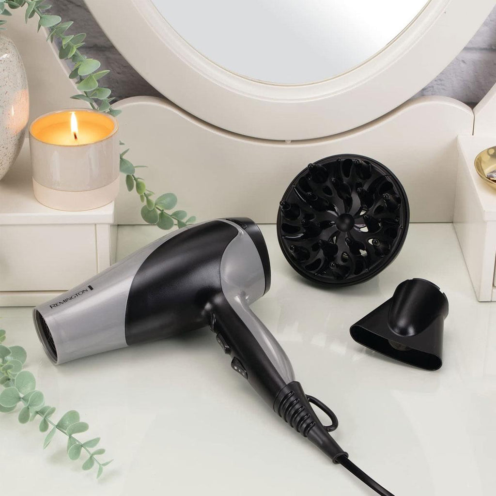 Remington Ionic Dry 2200 Hair Dryer With Diffuser & Concentrator 3 Heat 2 Speed Settings Silver