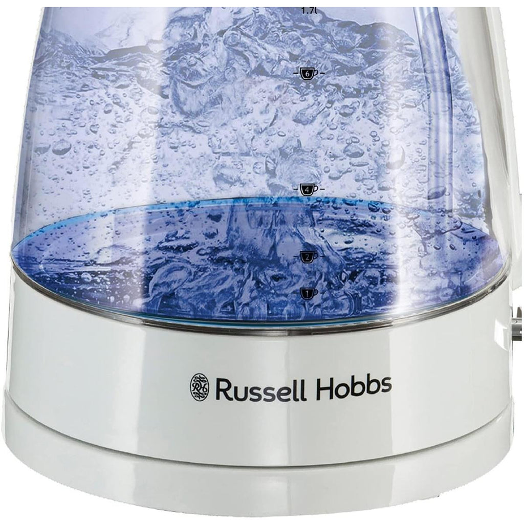 Russell Hobbs Carafe Style Glass Cordless Kettle 3000W 1.7 Litre With Blue Illumination White
