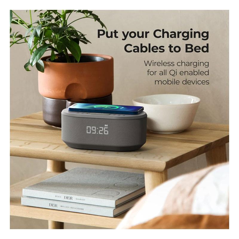 i-box Dawn Bedside Alarm Clock FM Radio Non Ticking With QI Wireless Charging Bluetooth Speaker Dimmable LED Display Grey
