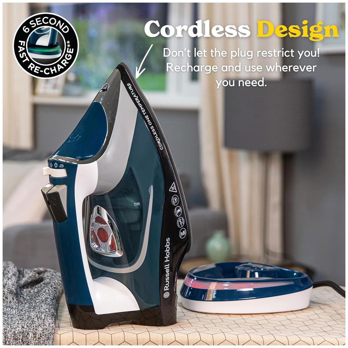 Russell Hobbs Cordless One Temperature Steam Iron Ceramic Soleplate 2600W 350ml Water Tank Blue/White