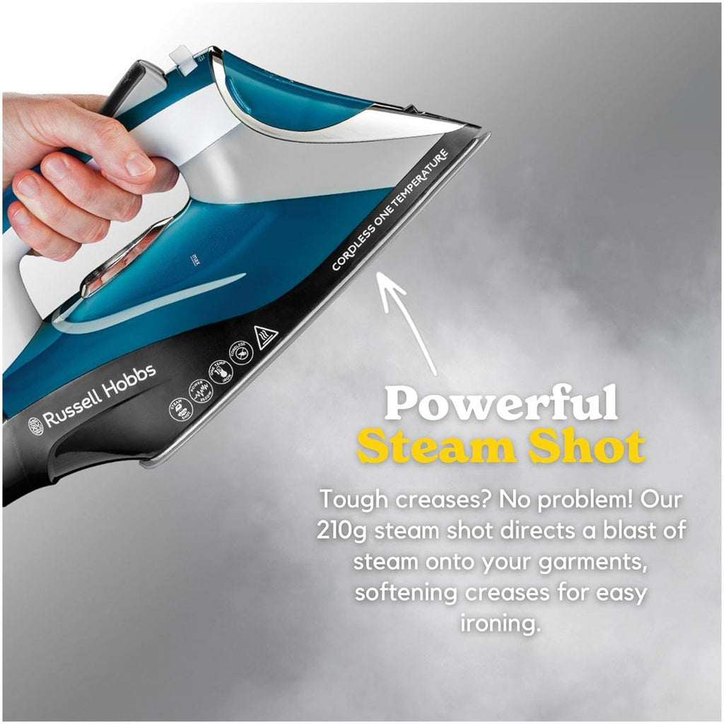 Russell Hobbs Cordless One Temperature Steam Iron Ceramic Soleplate 2600W 350ml Water Tank Blue/White