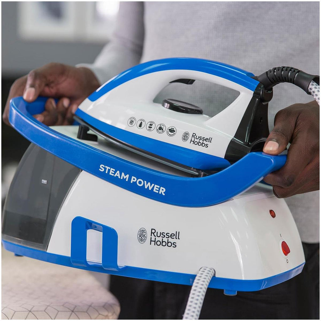 Russell Hobbs Power 95 Station Series 2 Steam Generator Iron Ceramic Soleplate 2600W 1.3 Litre Water Tank Blue/White