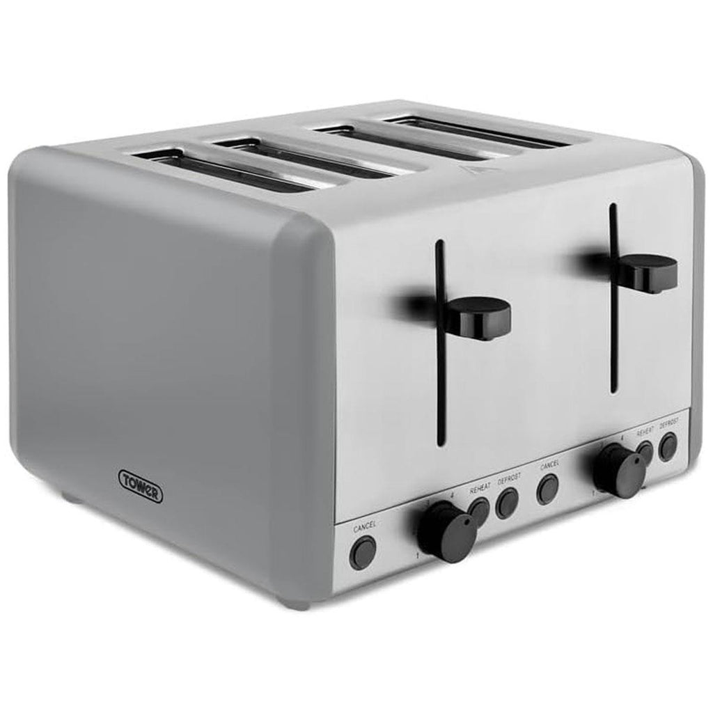 Tower Sera 4 Slice Toaster 6 Browning Levels Defrost Reheat Cancel Functions 1800W Grey