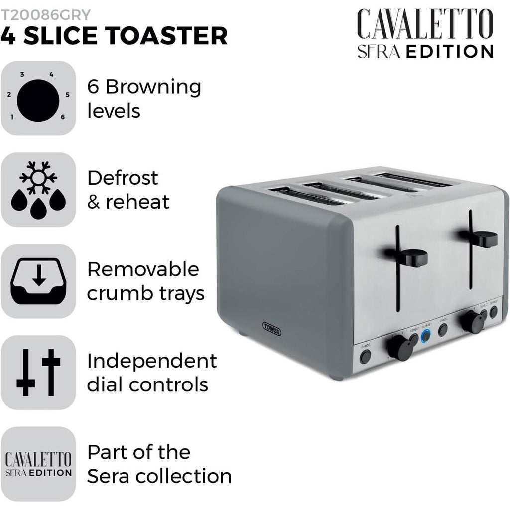 Tower Sera 4 Slice Toaster 6 Browning Levels Defrost Reheat Cancel Functions 1800W Grey