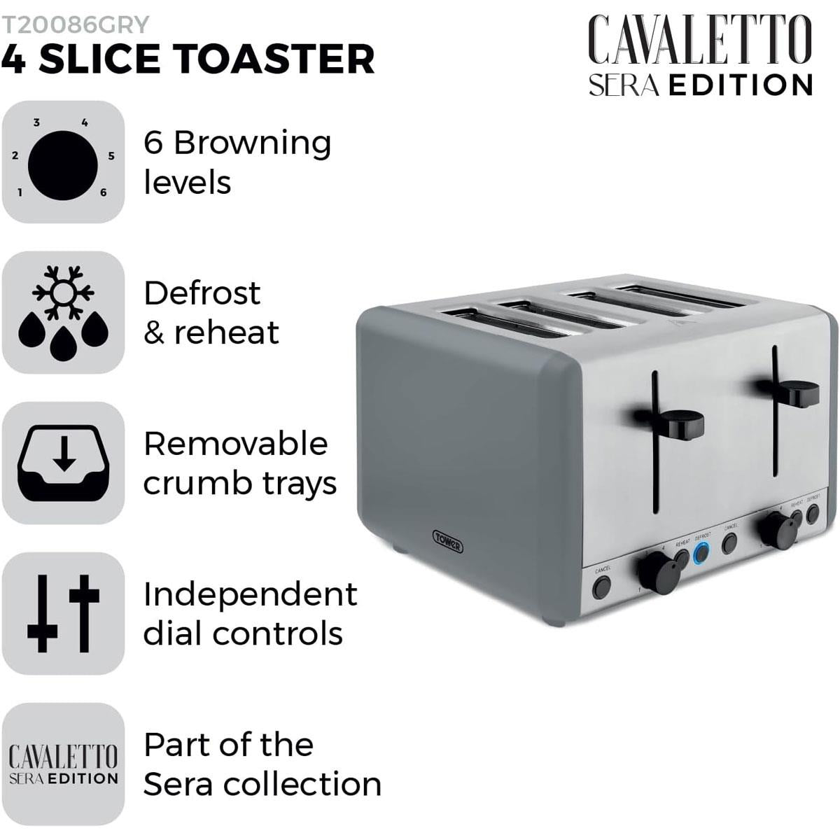 Tower Sera 4 Slice Toaster 6 Browning Levels Defrost Reheat Cancel Functions 1800W Grey