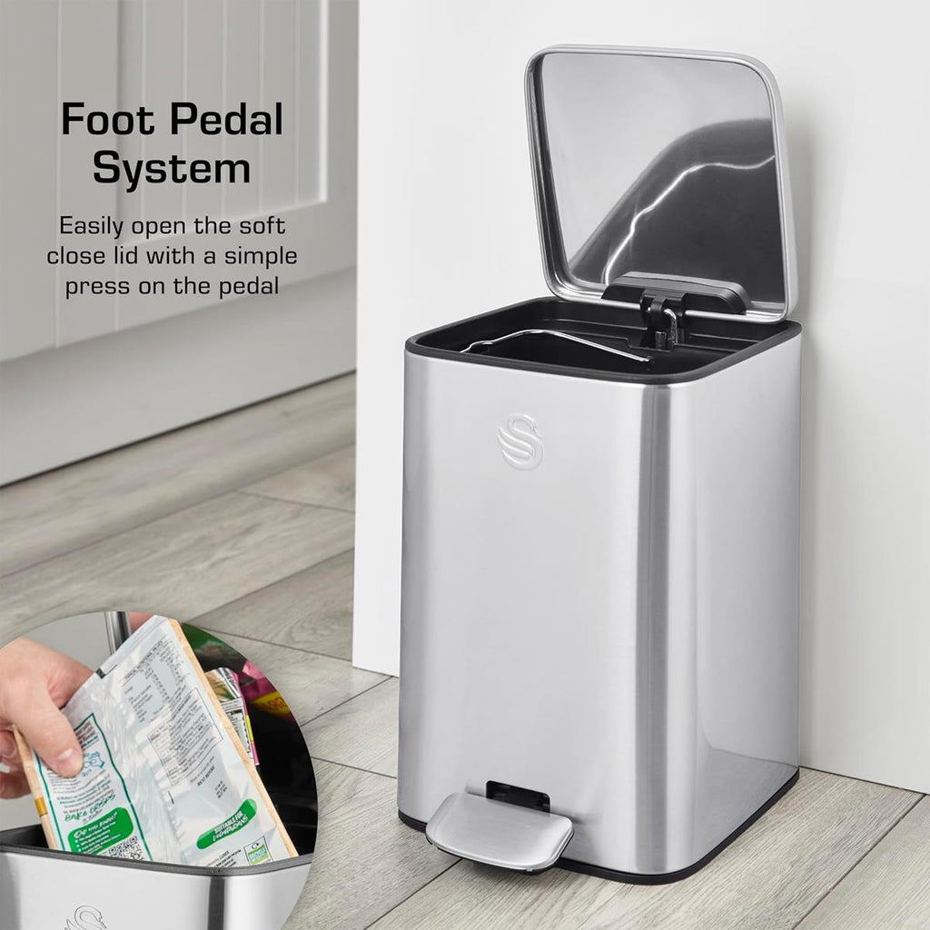 Swan 5L Stainless Steel Pedal Bin with Foot Pedal System Removable Inner Bucket Anti-Slip Base Fingerprint Proof Finish Silver