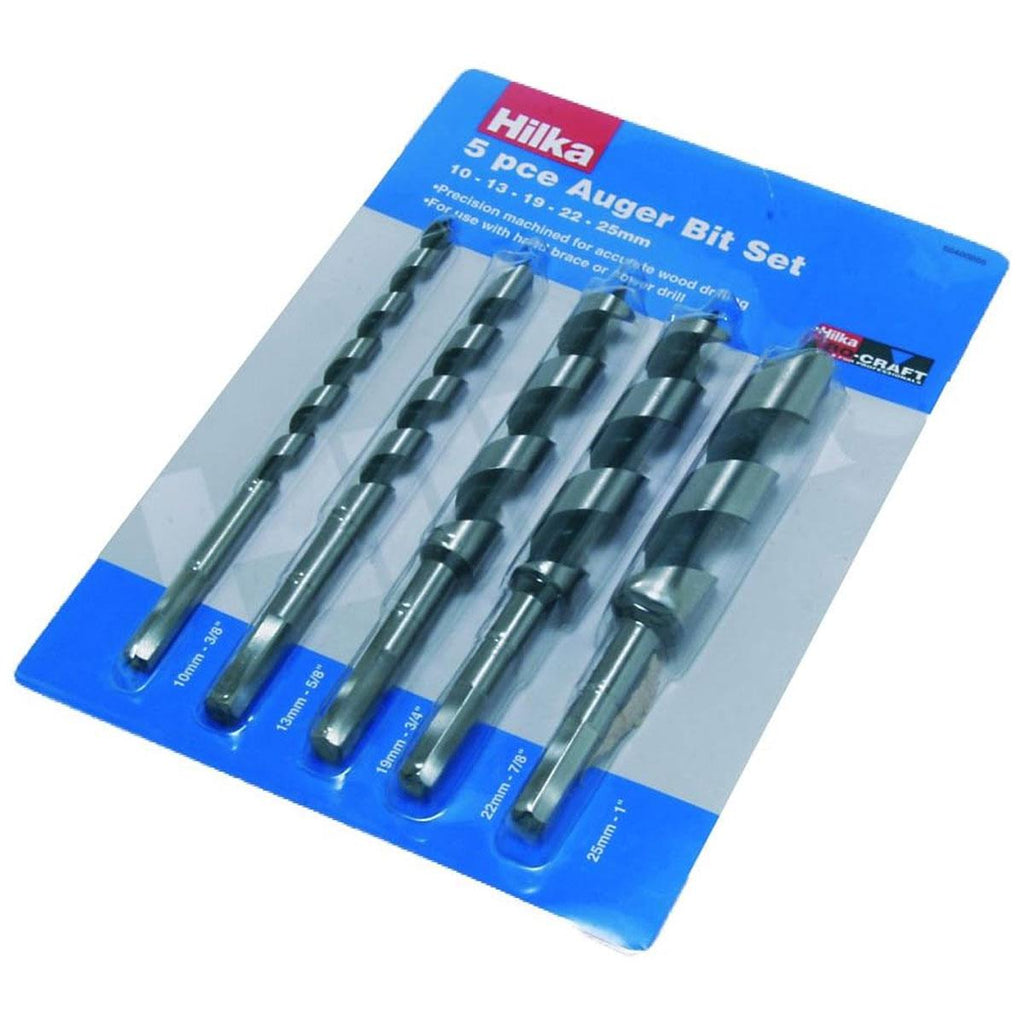 Hilka Tools Auger Bit Set High Speed Steel 10mm 13mm 19mm 22mm 25mm Sizes 5 Piece