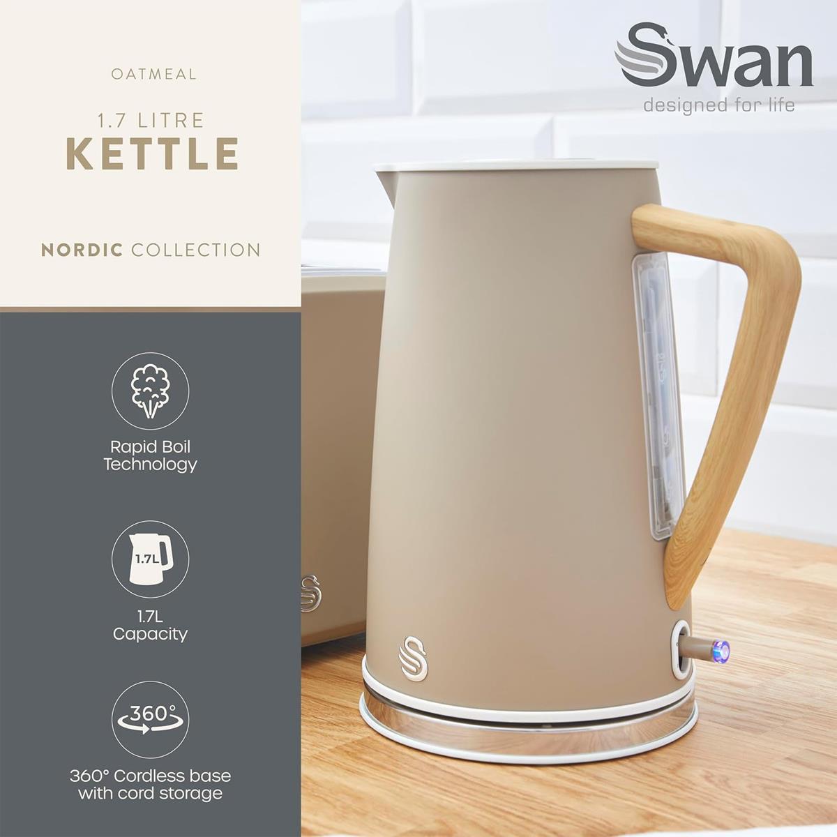 Swan Nordic Cordless Jug Kettle Fast Boil Overheat Protection Soft Touch Handle 3000W 1.7 Litres Oatmeal White