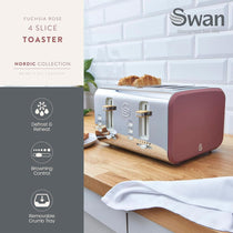 Swan Nordic 4 Slice Toaster 6 Browning Levels Defrost/Reheat/Cancel Removable Crumb Trays 1500W Fuchsia Rose