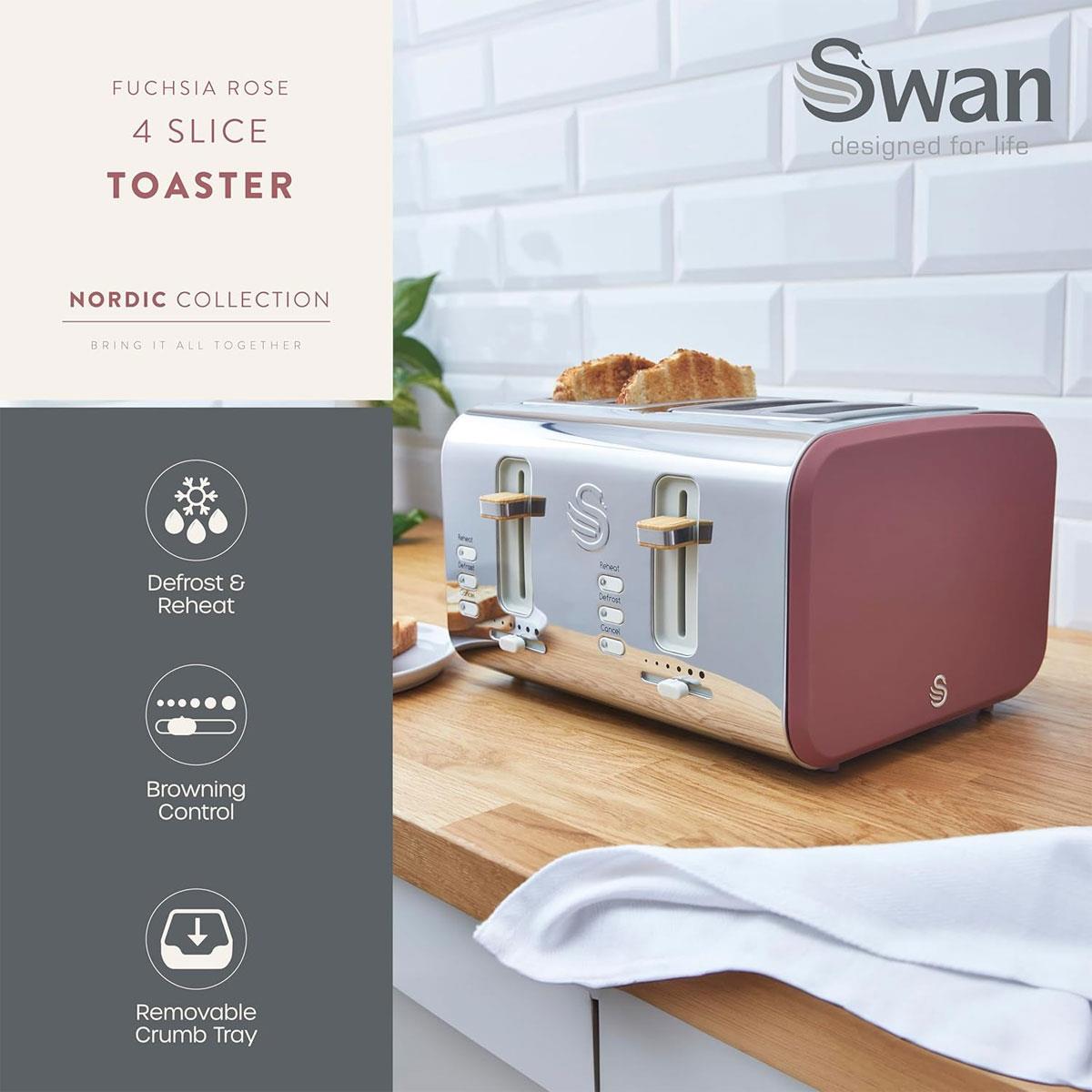 Swan Nordic 4 Slice Toaster 6 Browning Levels Defrost/Reheat/Cancel Removable Crumb Trays 1500W Fuchsia Rose
