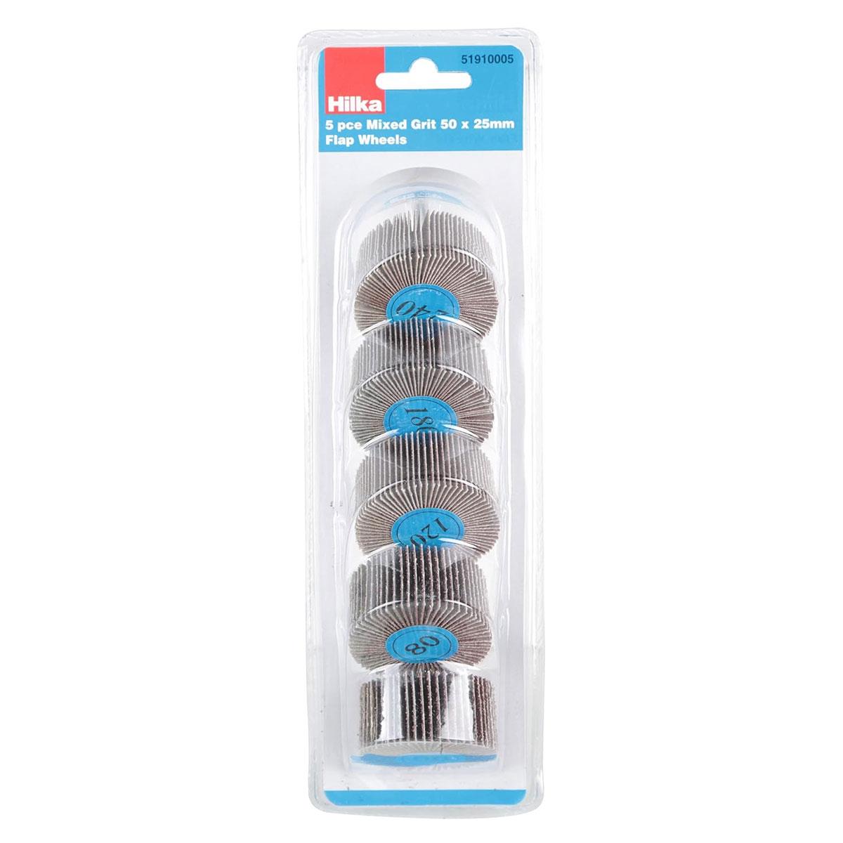 Hilka Mixed Grit Flap Wheels 5 Piece Set 50 x 25mm Aluminium Oxide Sanding Wheels for Wood & Metal