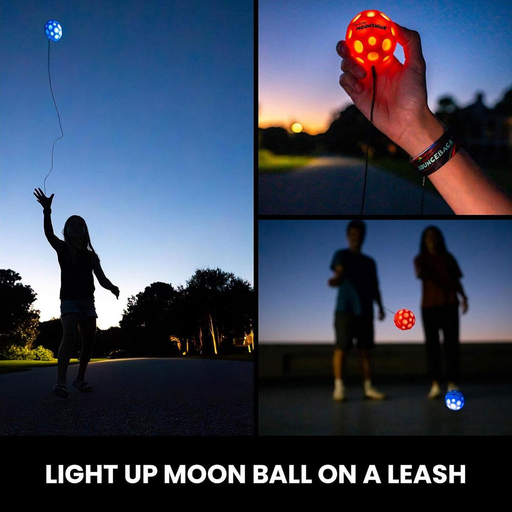 Waboba LED Bounceback Moon Ball With Wrist Strap High-Bounce Tether Ball Motion-Activated Lights Red
