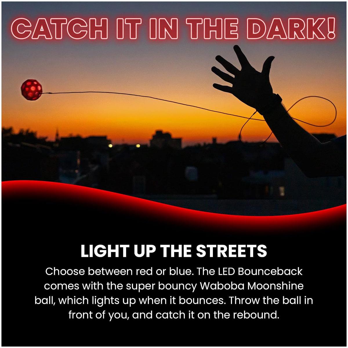 Waboba LED Bounceback Moon Ball With Wrist Strap High-Bounce Tether Ball Motion-Activated Lights Red