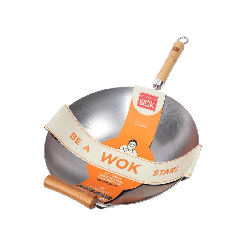 School of Wok 14 Inch/36cm Wok Heavy Duty Carbon Steel Flat Bottom Bamboo Handle Silver