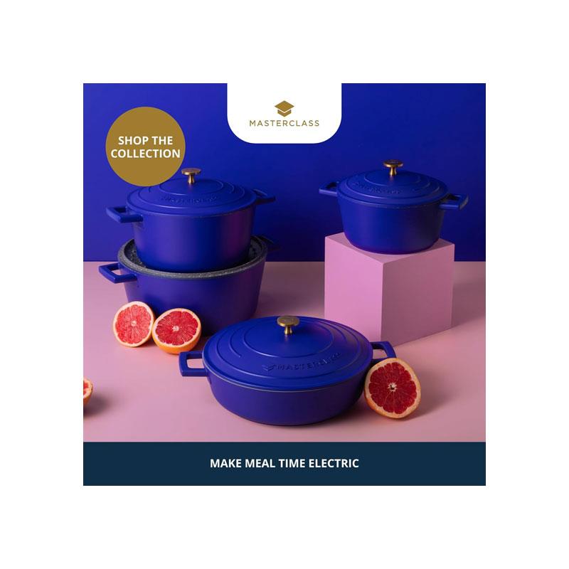 MasterClass Casserole Dish 2.5 Litres/20cm Cast Aluminium Self Basting Lid Round Small Blue