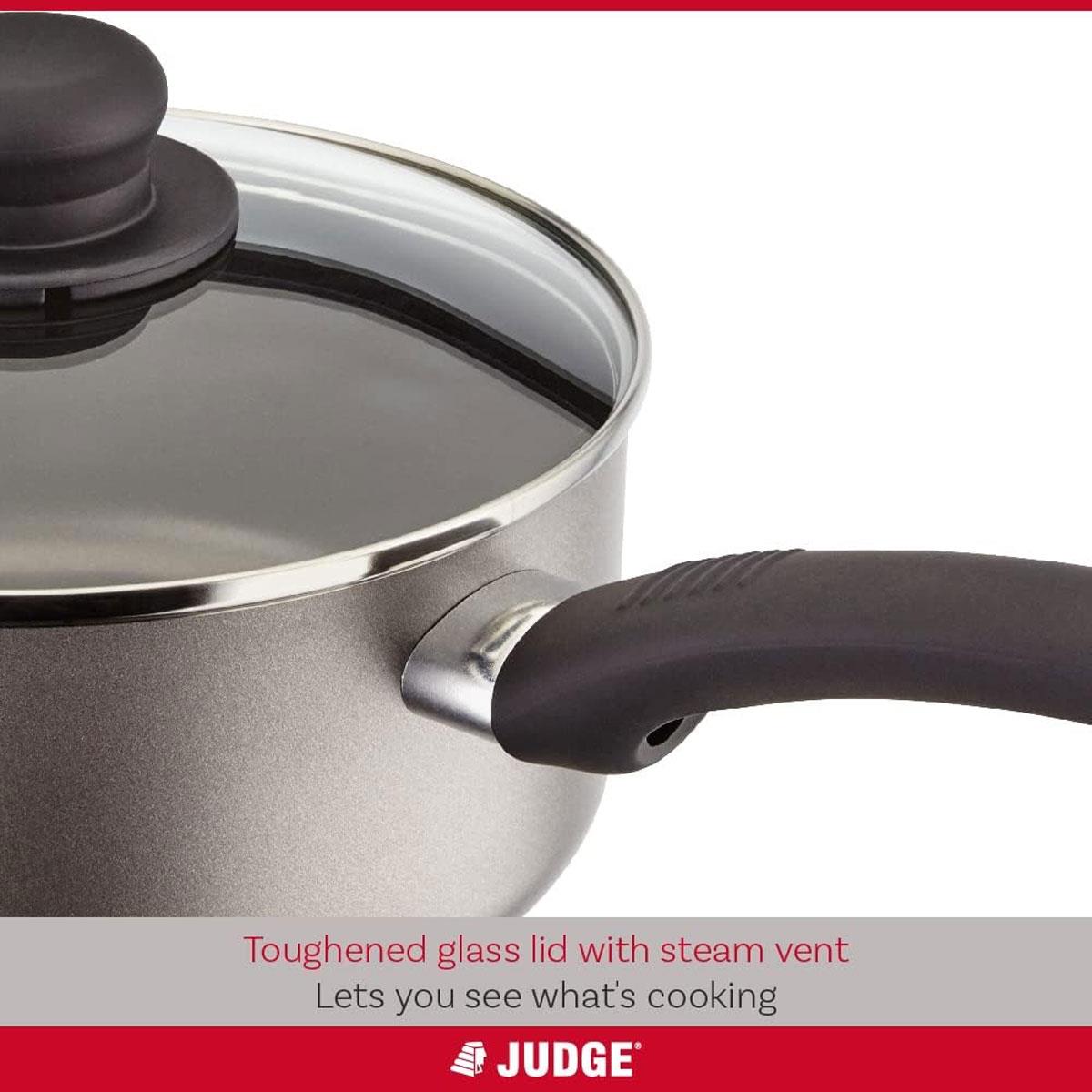 Judge Everyday Non-Stick Saucepan 20cm/2.4 Litres Vented Glass Lid Stay Cool Handle Aluminium Grey