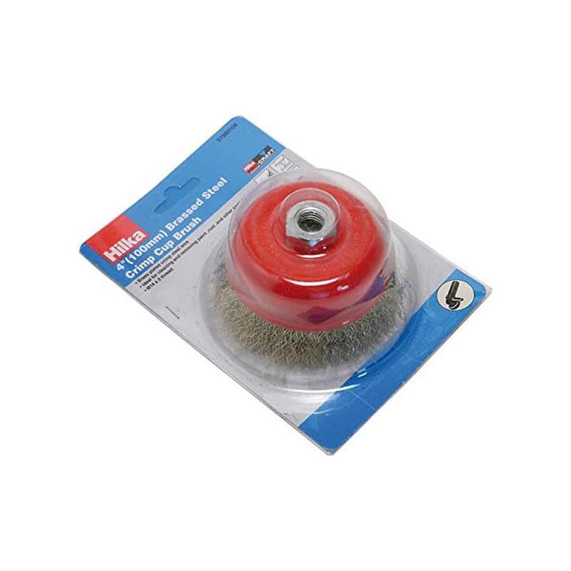 Hilka Tools 4 Inch (100mm) M14 Brassed Steel Crimp Cup Brush Medium Grit Alloy Steel Crimped Wire Red Secondary image