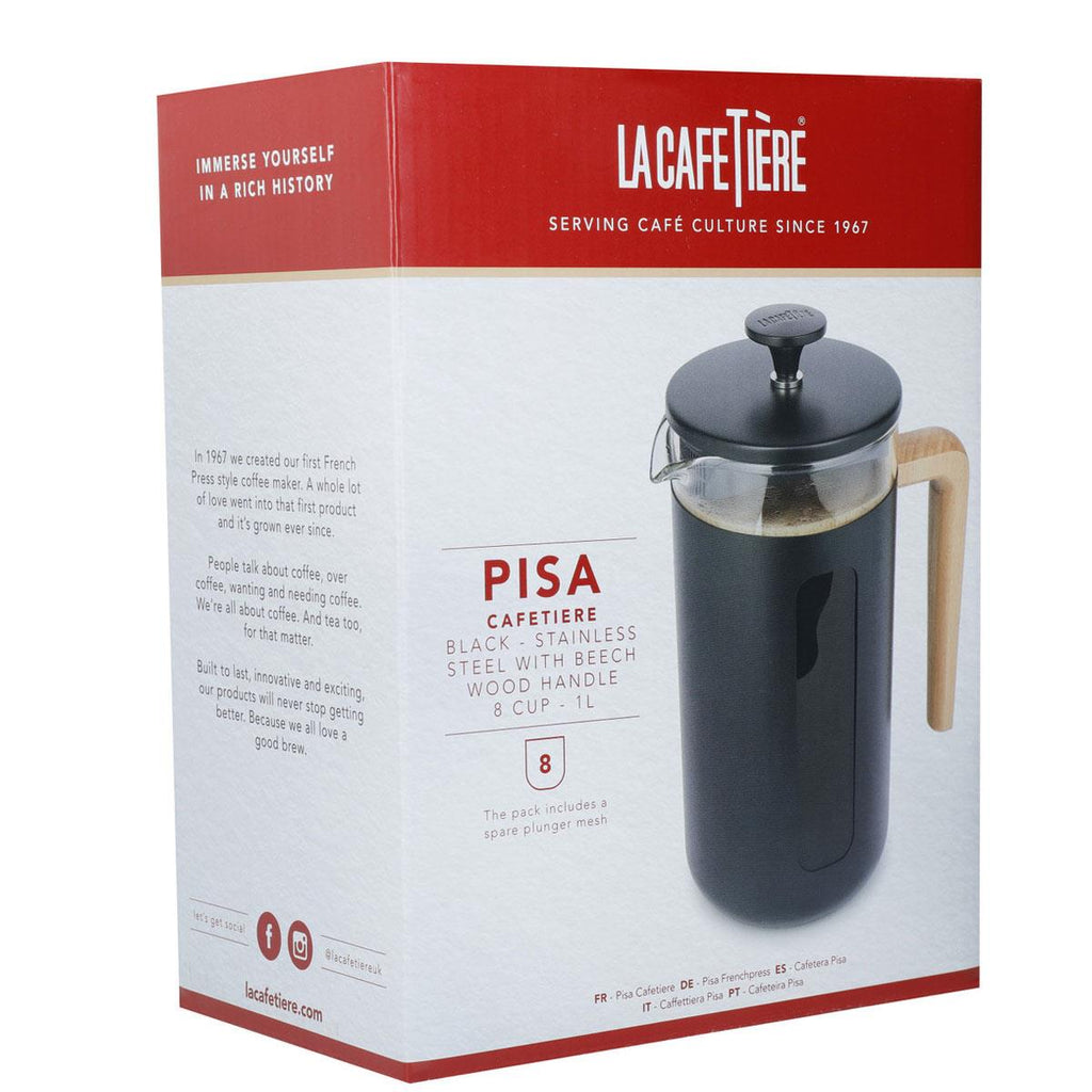 La Cafetiere Pisa 8-Cup Cafetiere French Presses Coffee Maker Borosilicate Glass Stainless Steel Black