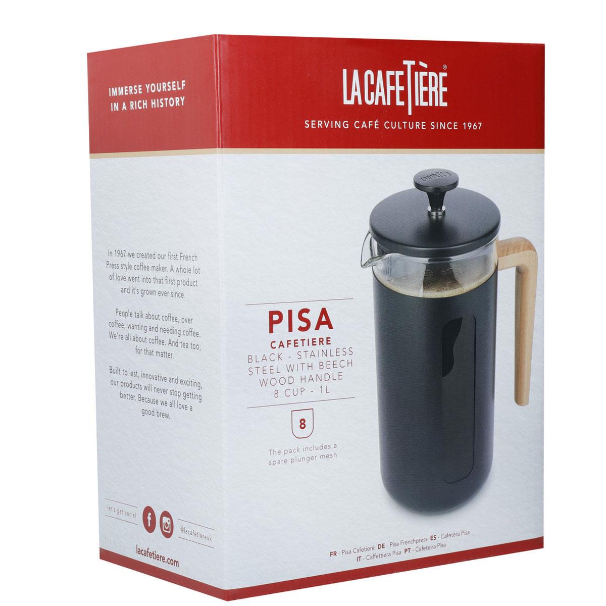 La Cafetiere Pisa 8-Cup Cafetiere French Presses Coffee Maker Borosilicate Glass Stainless Steel Black