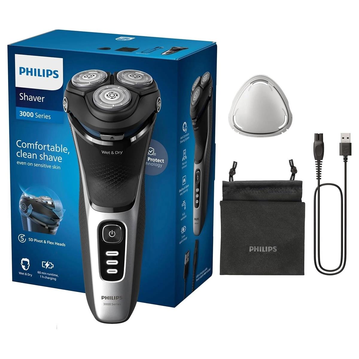 Philips Shaver 3000 Series Wet & Dry Electric Cordless Shaver Pop-up Beard Trimmer SkinProtect Technology Travel Pouch Space Grey