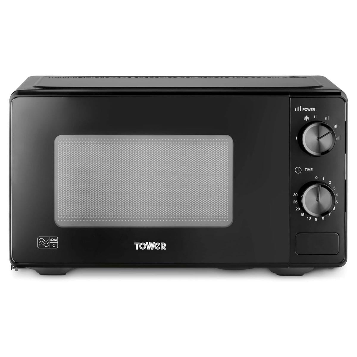 Tower Manual Microwave 20 Litres 800W With Dial Controls 5 Power Levels Defrost Function 30 Minute Timer Black