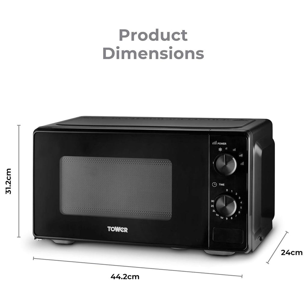 Tower Manual Microwave 20 Litres 800W With Dial Controls 5 Power Levels Defrost Function 30 Minute Timer Black