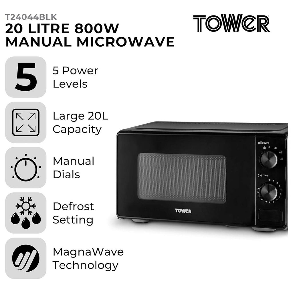 Tower Manual Microwave 20 Litres 800W With Dial Controls 5 Power Levels Defrost Function 30 Minute Timer Black