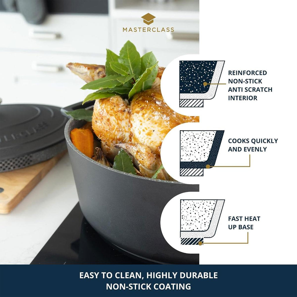 MasterClass Oval Cast Aluminium Casserole Dish 6 Litres With Self Basting Lid And Strainer Black