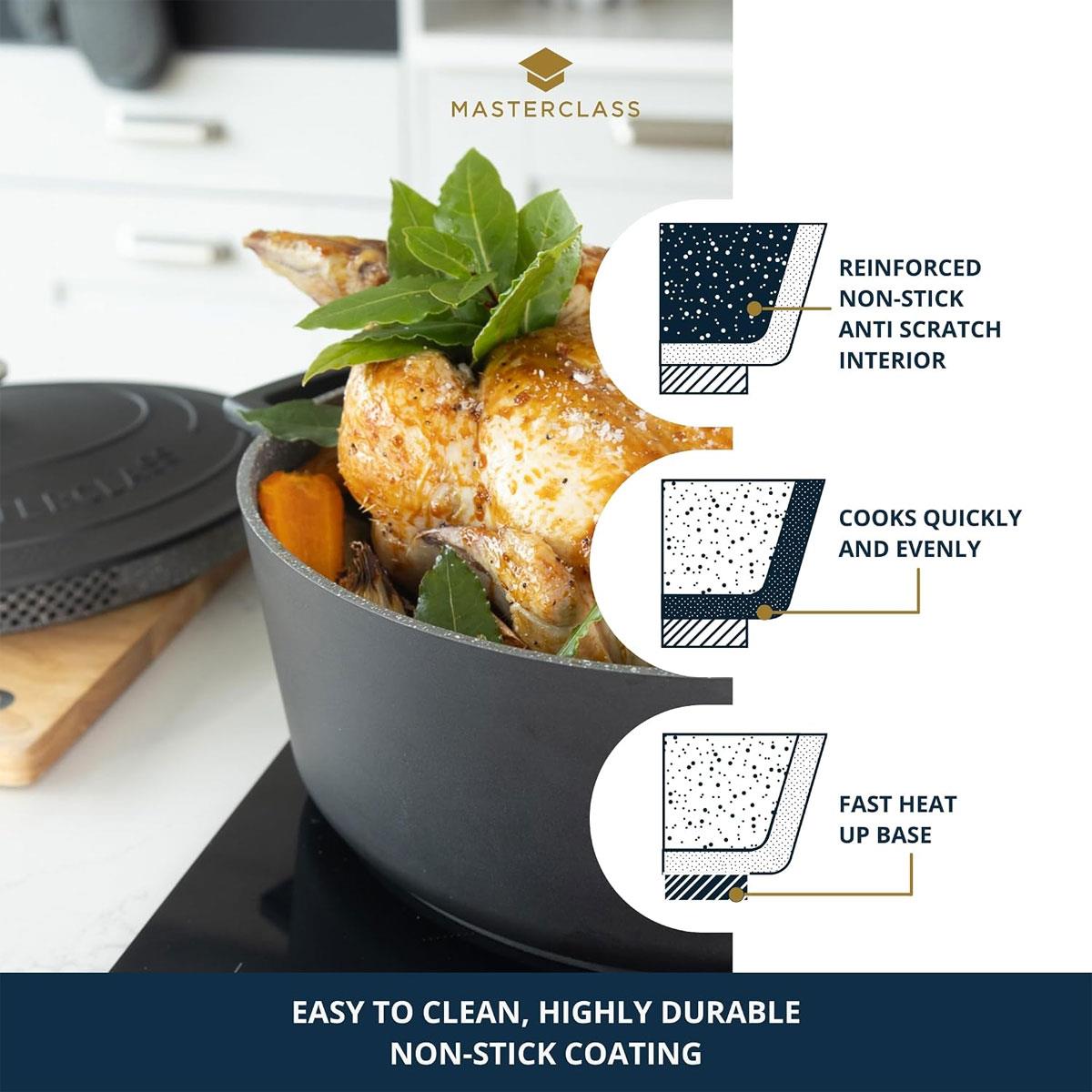 MasterClass Oval Cast Aluminium Casserole Dish 6 Litres With Self Basting Lid And Strainer Black