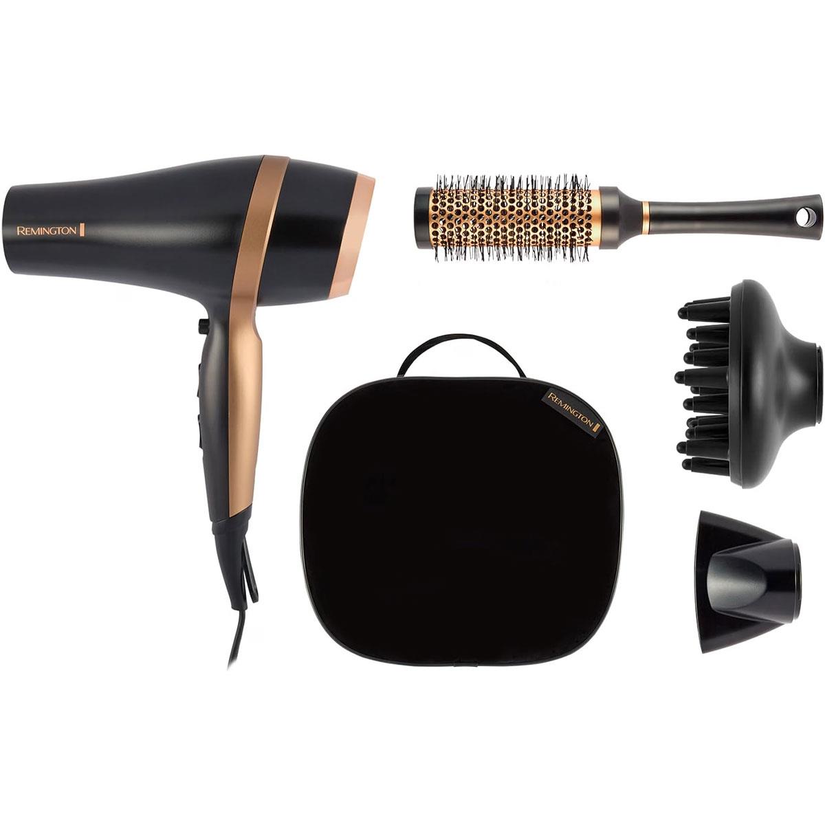 Remington Salon Smooth Hair Dryer 2000W Gift Set With Concentrator & Diffuser Ceramic Ionic Grille 3 Heat & 2 Speed Settings Cool Shot Round Brush Black