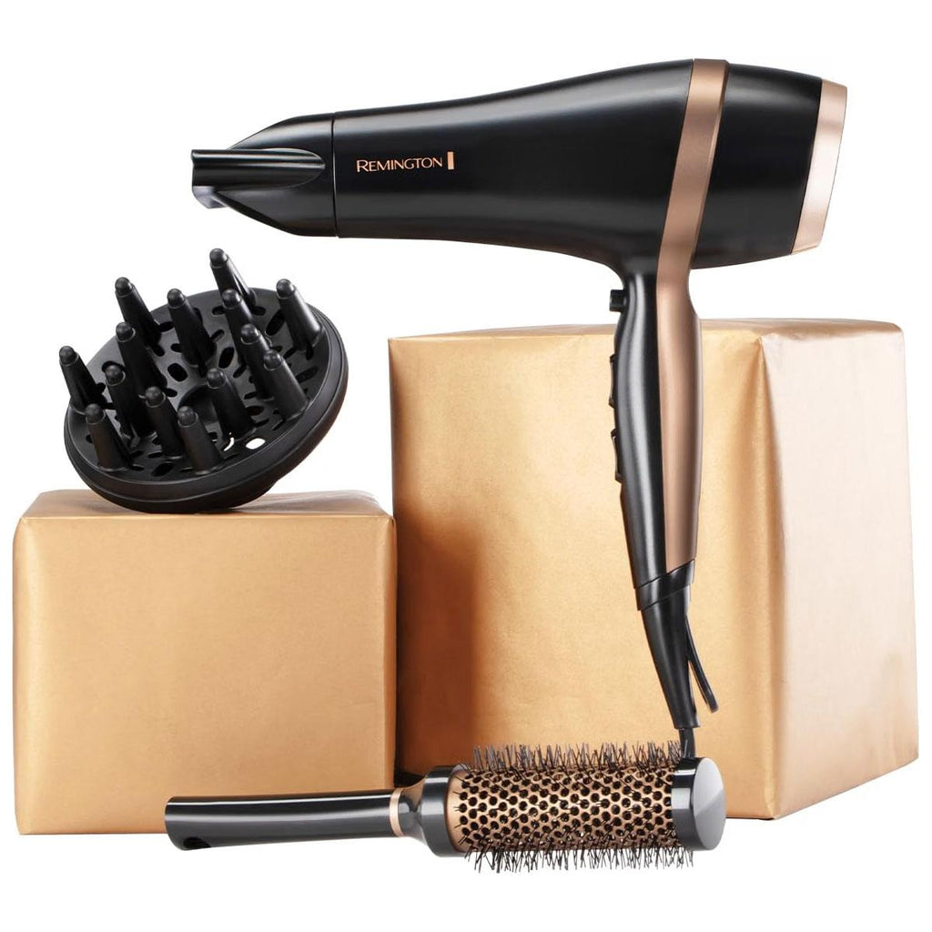 Remington Salon Smooth Hair Dryer 2000W Gift Set With Concentrator & Diffuser Ceramic Ionic Grille 3 Heat & 2 Speed Settings Cool Shot Round Brush Black